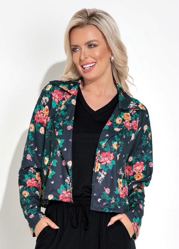 Moda Pop - Blazer Floral Preto com Gola e Mangas Longas
