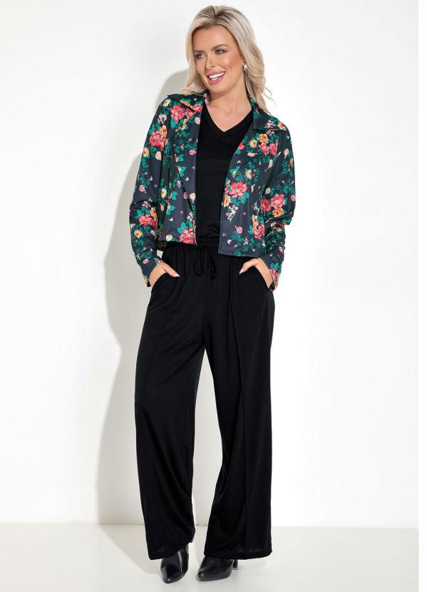 Moda Pop - Blazer Floral Preto com Gola e Mangas Longas 3
