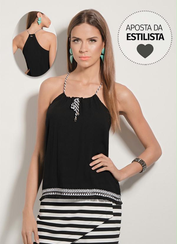 Blusa Quintess Preta Com Franjas Na Barra Quintess