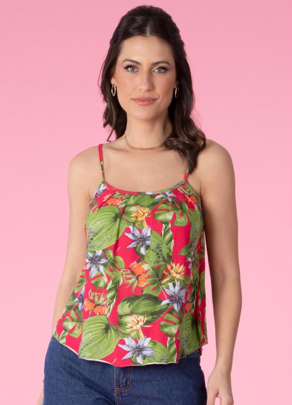 Blusa De Alça Azul Floral Vermelho Quintess