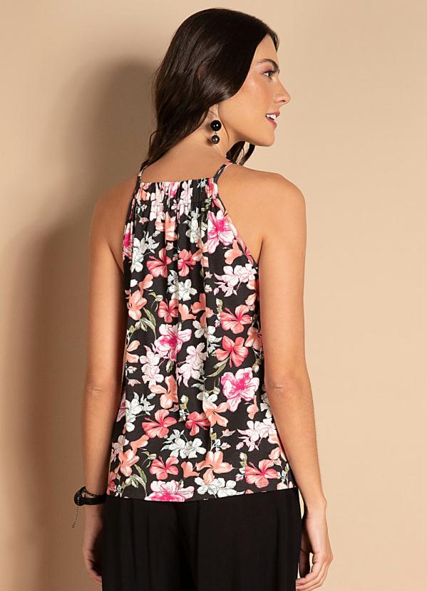 Quintess - Blusa Floral Rosa Halter com Gota e Botões 2