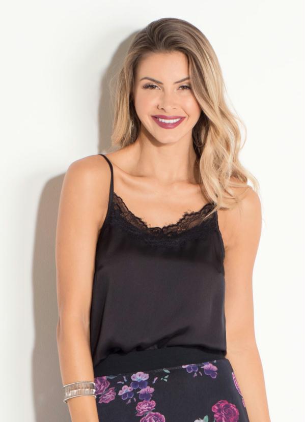 Quintess - Blusa Preta em Satine e Renda Quintess