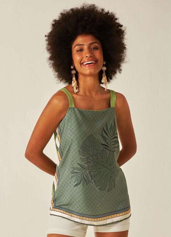 Malwee - Blusa Verde Menta Folhagem em Cetim