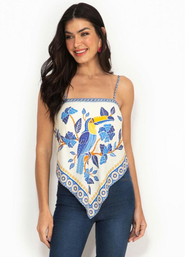 Farm - Regata de Viscose Azulejo Tropical Off White