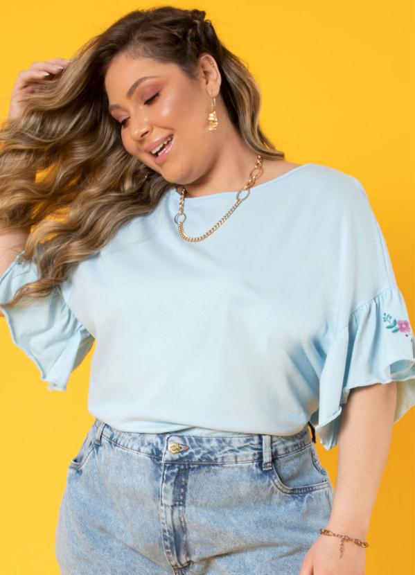 Quintess - Blusa Azul com Bordados em Floral e Mangas 3/4 5
