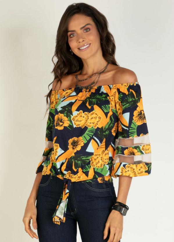 Quintess - Blusa Ciganinha Floral Amarelo com Recortes