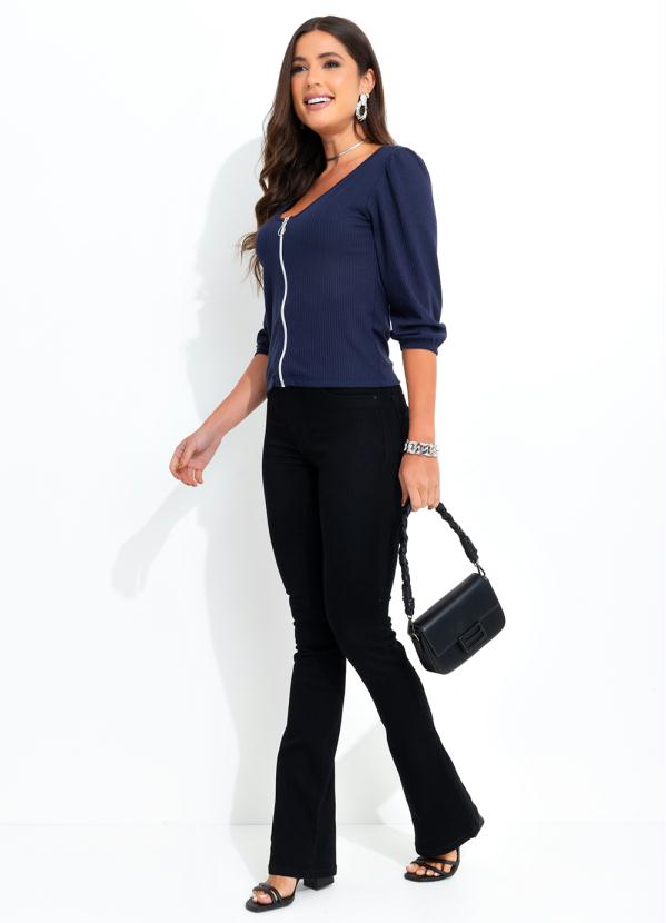 bonprix - Blusa com Zíper Decote V Azul Escuro 5