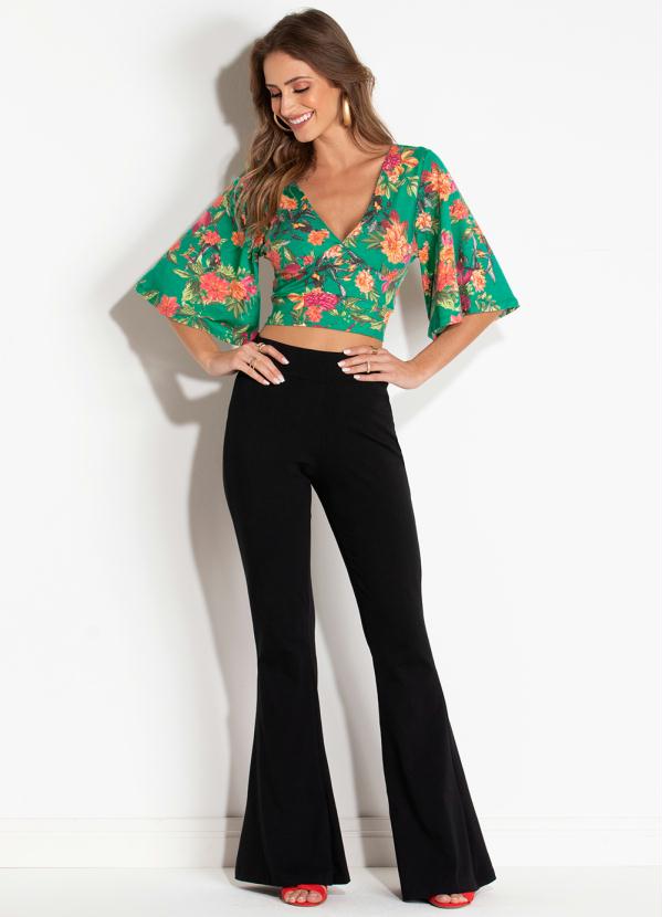 Blusa Cropped com Mangas Amplas Floral Quintess - Quintess