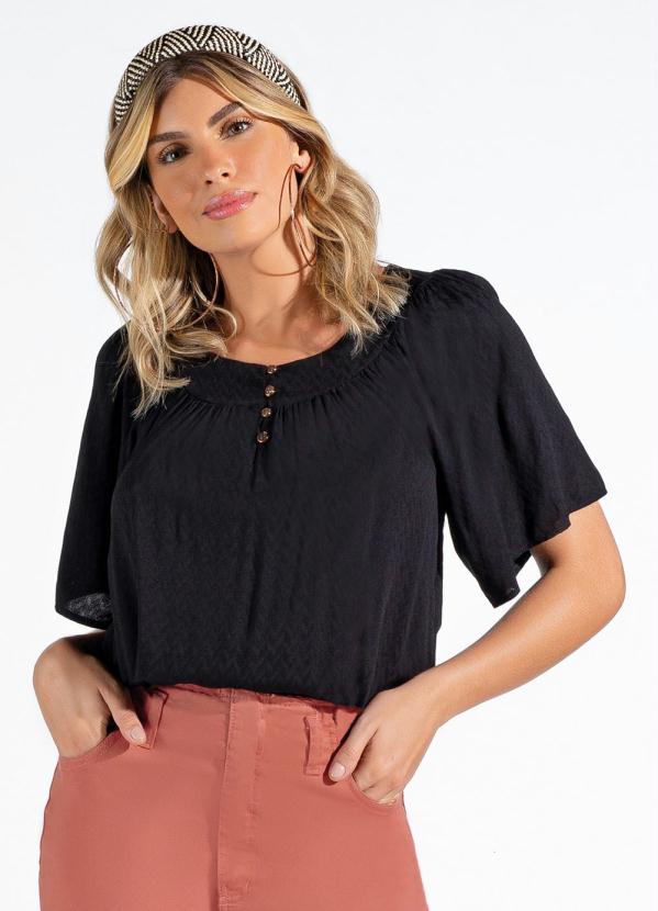 Doce Trama - Blusa de Manga 3/4 Viscose Triangular Preto