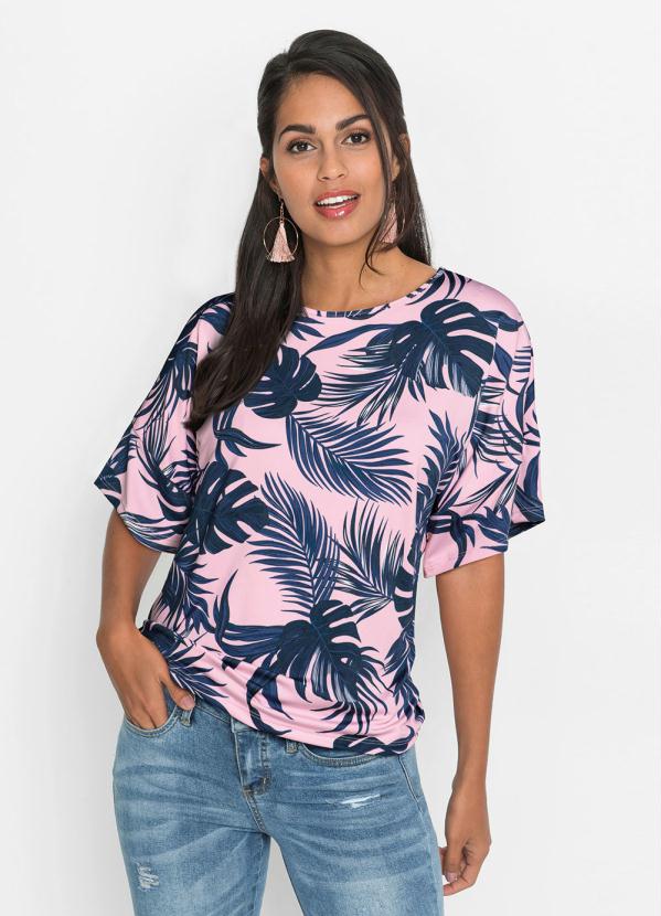bonprix - Blusa Decote Redondo e Mangas 3/4 Floral Rosa