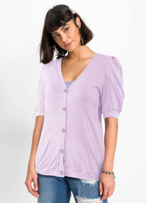 Outlet - Blusa Decote V e Mangas 3/4 Bufantes Lilás