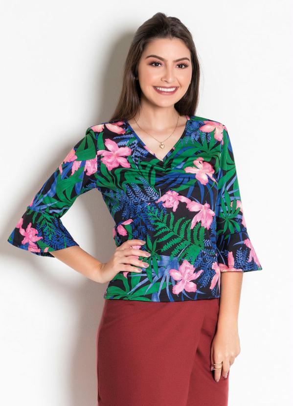 Outlet - Blusa Floral com Manga 7/8 Moda Evangélica
