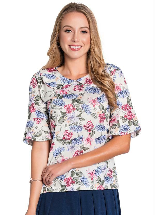 Outlet - Blusa Floral Moda Evangélica com Gola Colegial