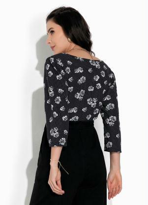 Rosalie - Blusa Floral Preto com Manga - ROSALIE