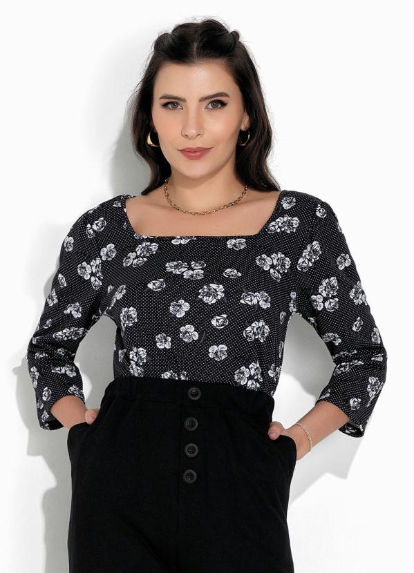 Rosalie - Blusa Floral Preto com Manga