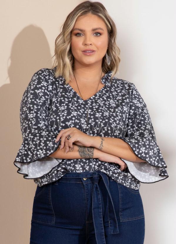 Quintess - Blusa Floral Preto Soltinha com Gola de Babados 6