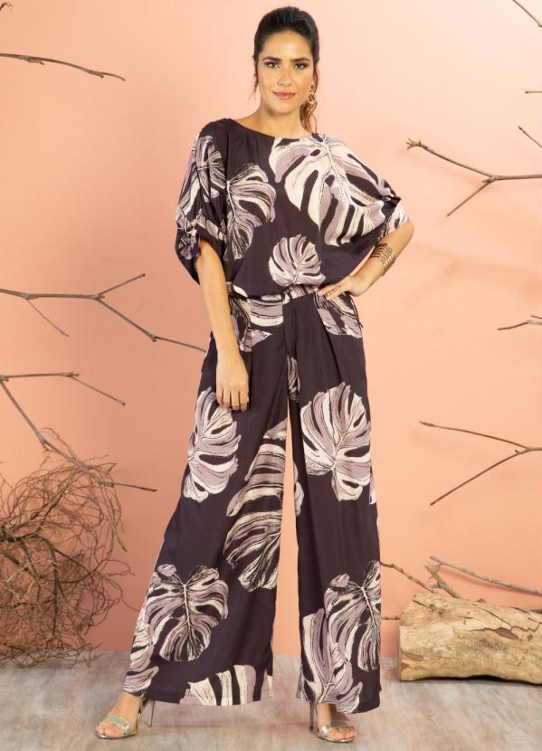 Quintess - Blusa Folhagem Preta Ampla com Mangas 3/4 3