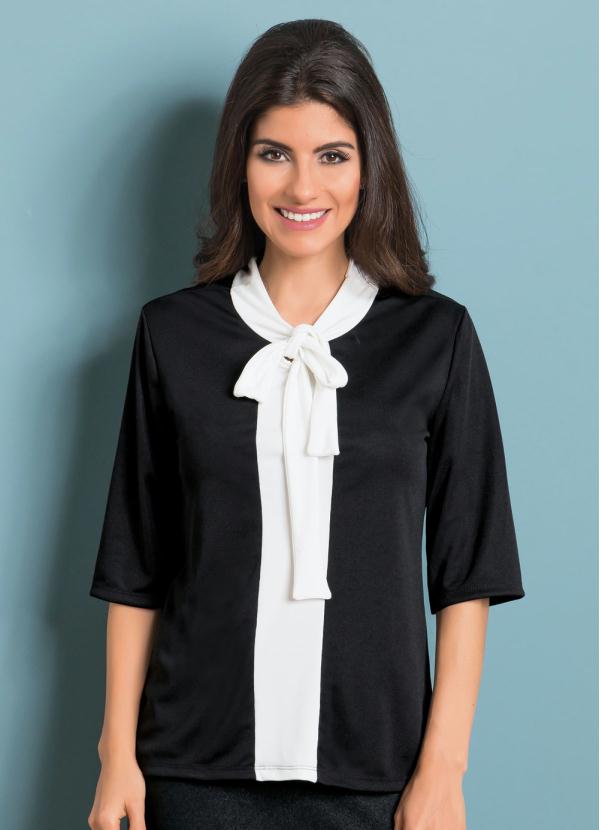 Outlet - Blusa Gola Laço Preta e Bege Moda Evangélica