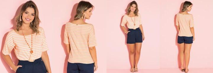 Blusa Listrada Coral com Cavas Deslocadas
