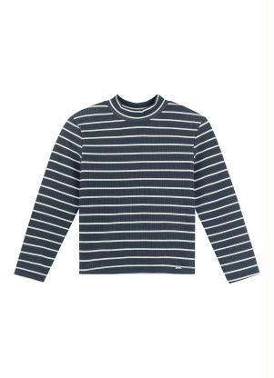 Marialícia - Blusa Malha Canelada Listrada Cinza - MARIALÍCIA