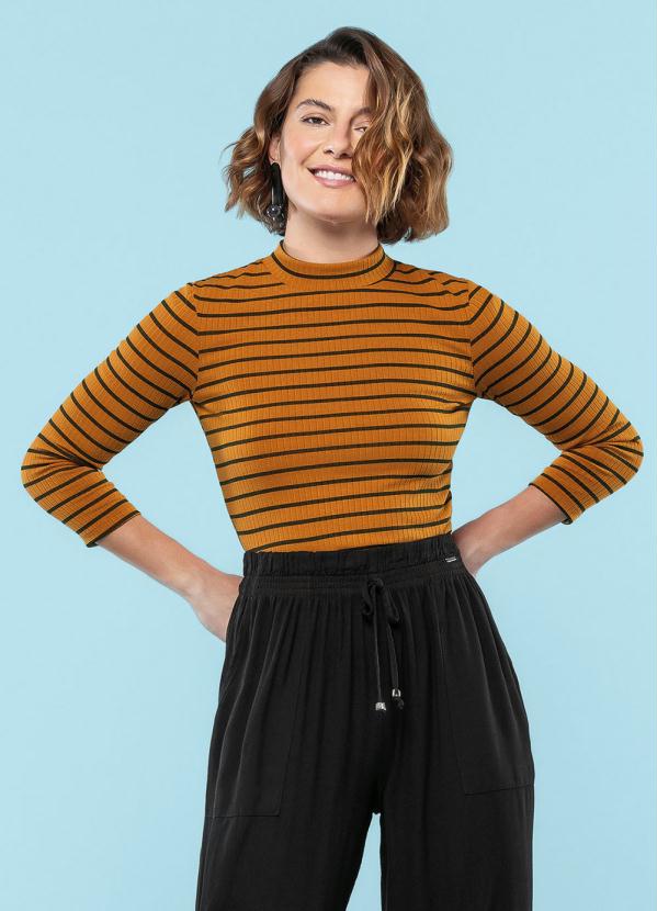 Marialícia - Blusa Malha Canelada Listrada Marrom