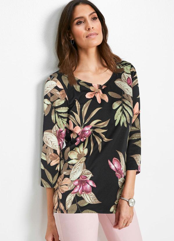 Queima Estoque - Blusa Manga 3/4 Decote V Flores Aquarela