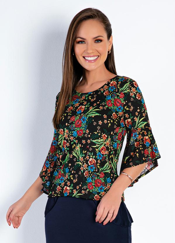Outlet - Blusa Manga 3/4 Floral Preta Moda Evangélica