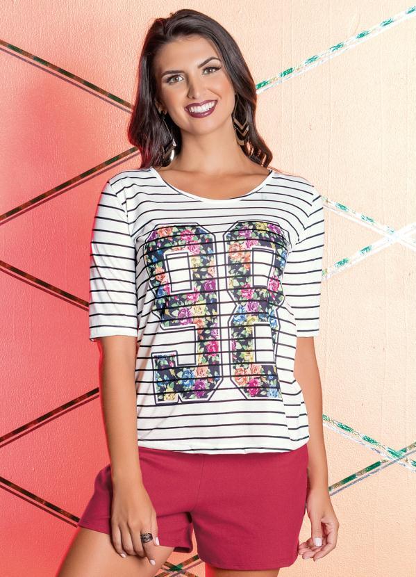 Outlet - Blusa Manga 3/4 Listrada com Estampa de Número