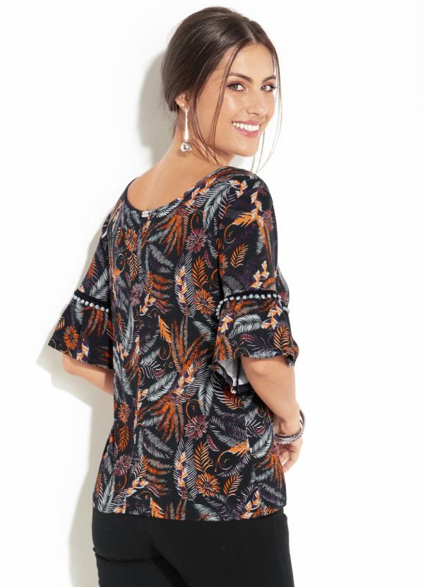 Quintess - Blusa Mangas 3/4 com Pompons Folhagens Preto 2