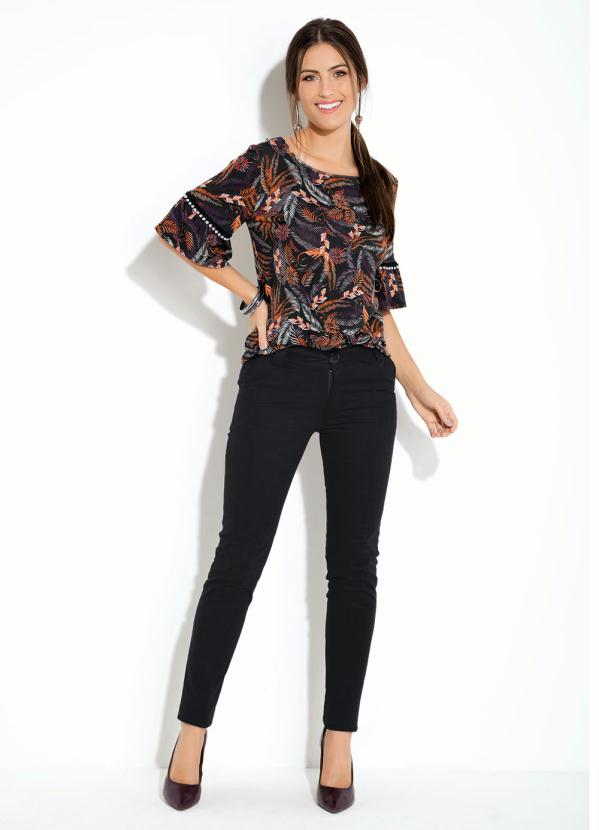 Quintess - Blusa Mangas 3/4 com Pompons Folhagens Preto 3