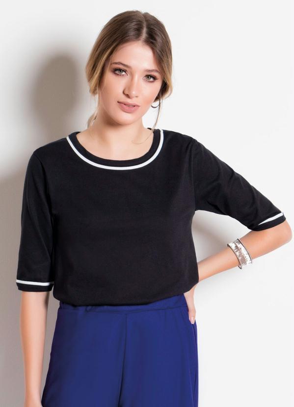 Outlet - Blusa Mangas 3/4 Preta e Branca com Frisos