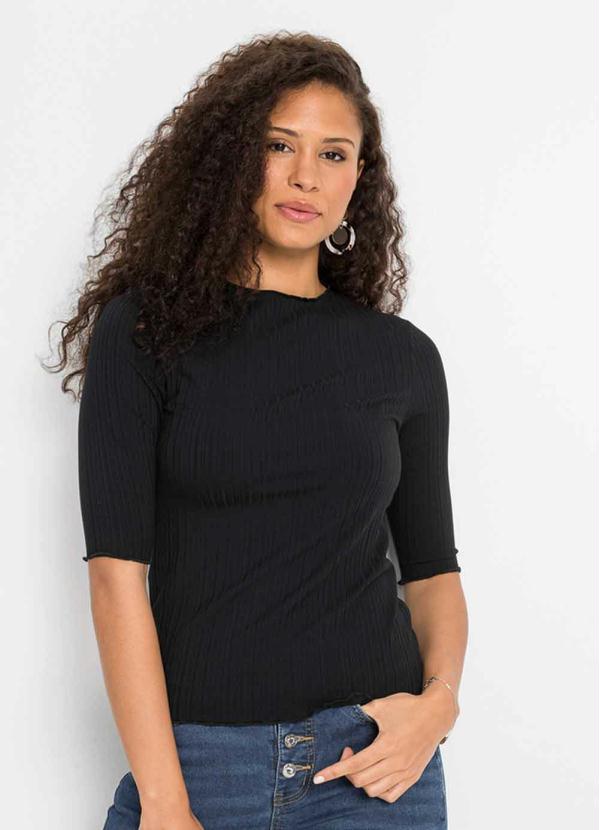bonprix - Blusa Mangas 3/4 Preto