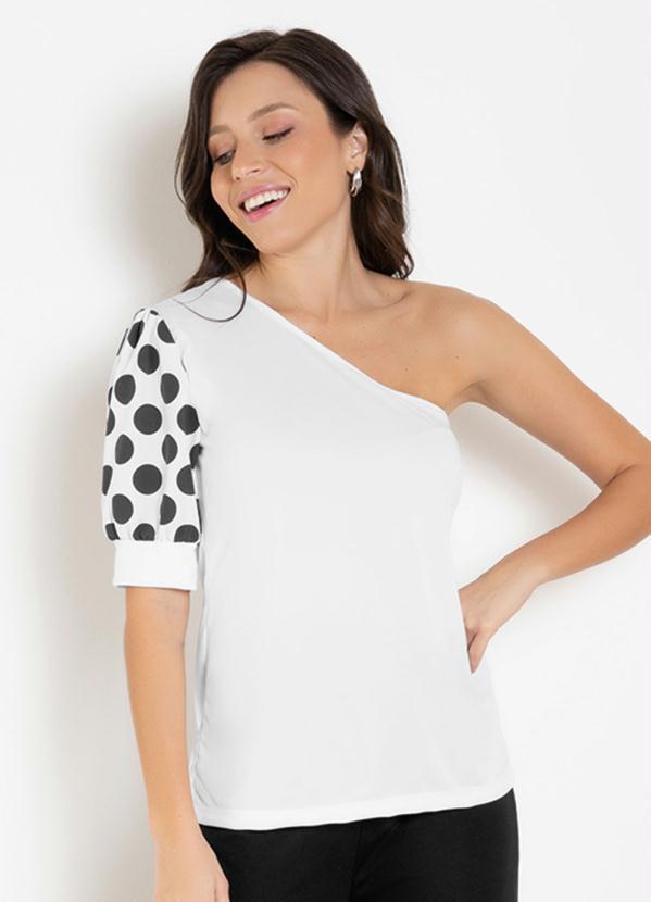 Outlet - Blusa Poá Branca com Manga Bufante