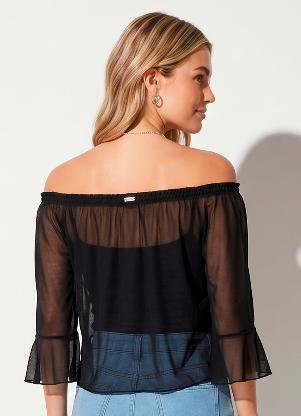 Quintess - Blusa Preta em Tule com Mangas Amplas - QUINTESS