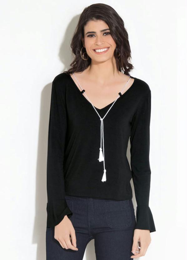 Quintess - Blusa Preta Quintess com Tiras no Decote