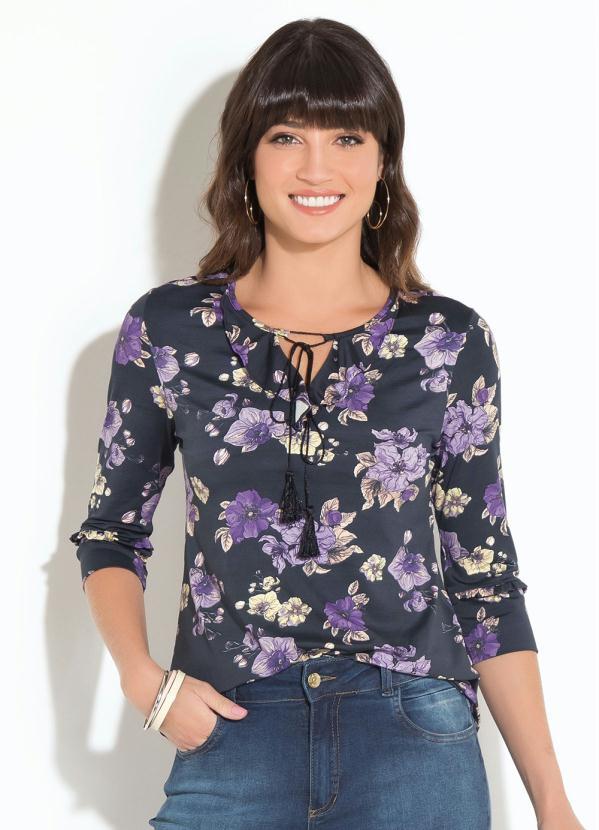 Quintess - Blusa Quintess Floral Escuro com Babados