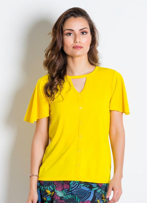 Queima Estoque Blusa Amarela com Recorte Vazado Moda Evangélica