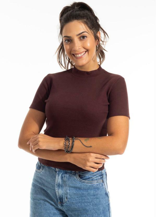 Bjoe Blusa Básica com Gola Alta Marrom
