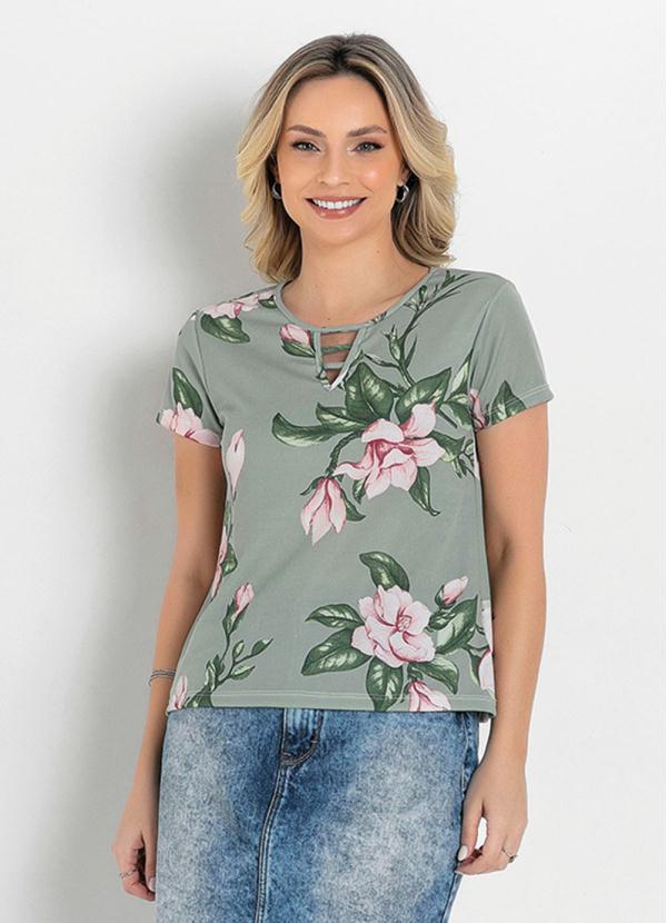 Outlet - Blusa Básica Floral Verde Moda Evangélica