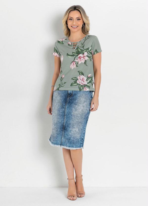 Outlet - Blusa Básica Floral Verde Moda Evangélica 3