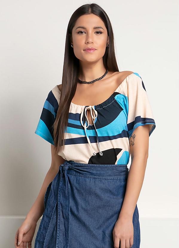Quintess - Blusa Ciganinha Abstrato Azul Mangas Curtas 3