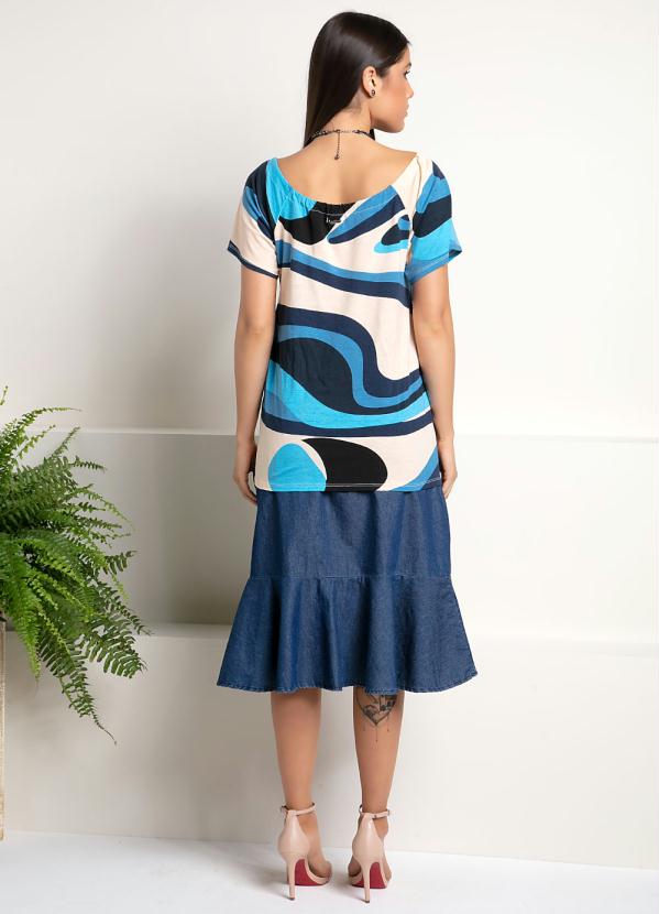 Quintess - Blusa Ciganinha Abstrato Azul Mangas Curtas 6