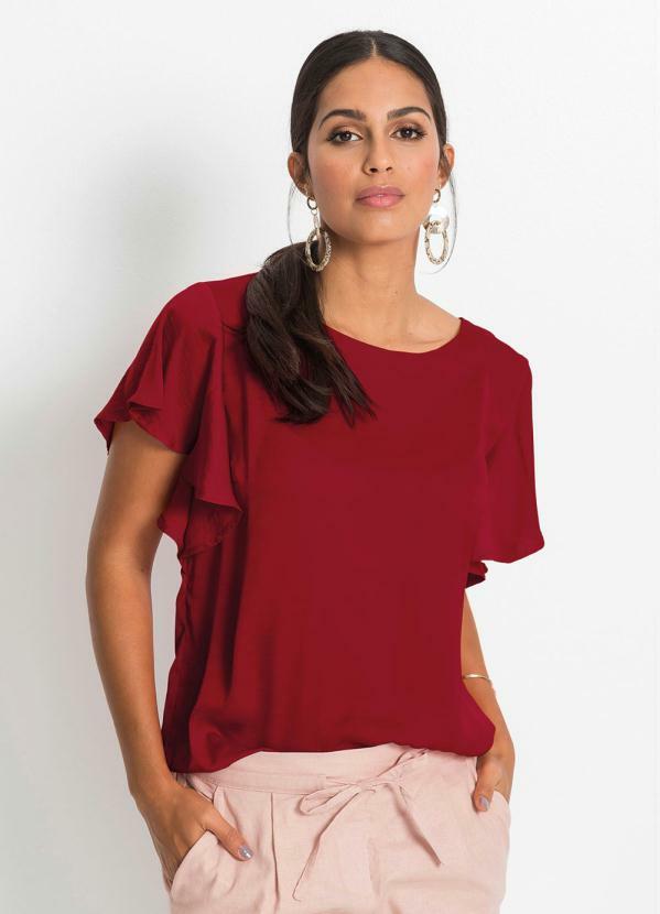 bonprix - Blusa com Babados nas Mangas Vermelha