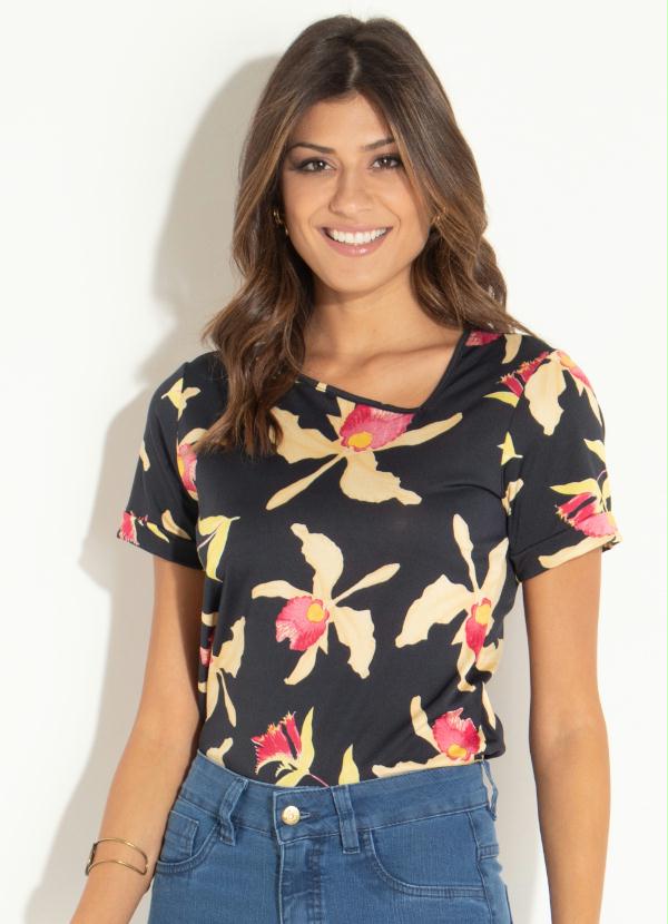 Quintess - Blusa com Decote Assimétrico Floral Preto