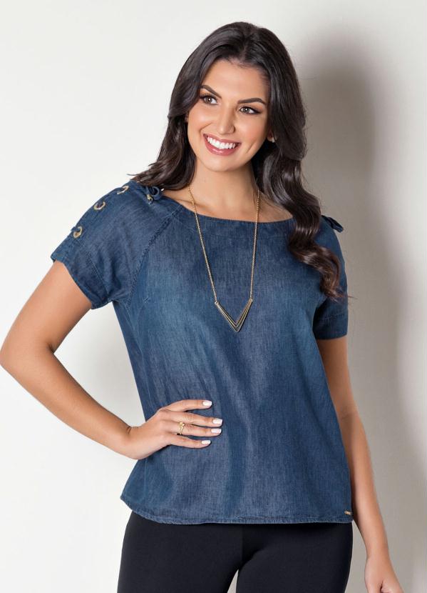 Multimarcas - Blusa com Ilhós nos Ombros Jeans
