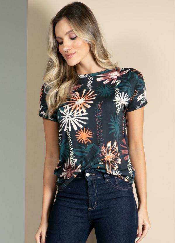 Quintess - Blusa com Mangas Curtas Floral Preto sem Cavas