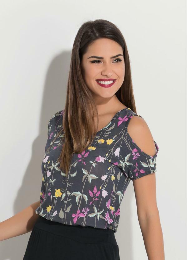 Quintess - Blusa com Ombros Vazados Floral Roxo