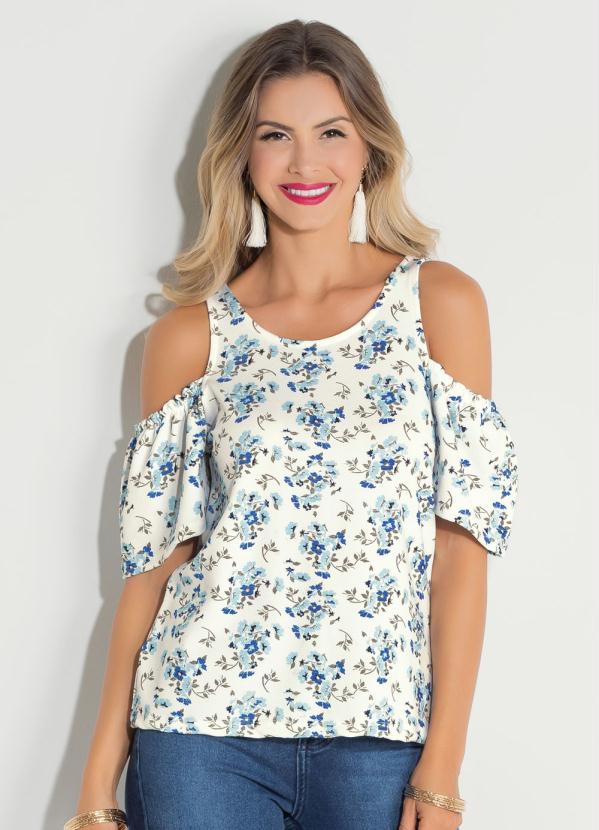 Blusa Com Ombros Vazados Quintess Floral Azul - Queima De Estoque