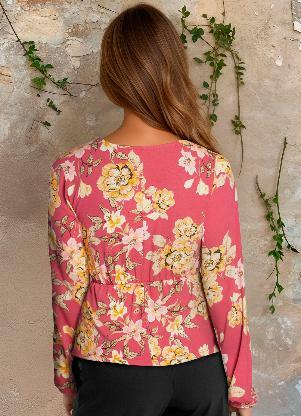 bonprix - Blusa Decote V Manga Longa Floral Vermelho - BONPRIX