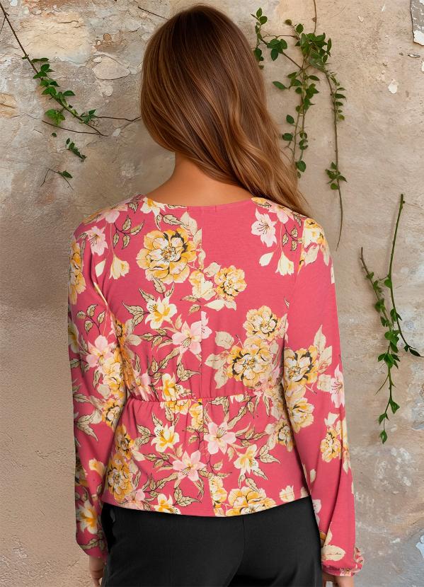 bonprix - Blusa Decote V Manga Longa Floral Vermelho 2